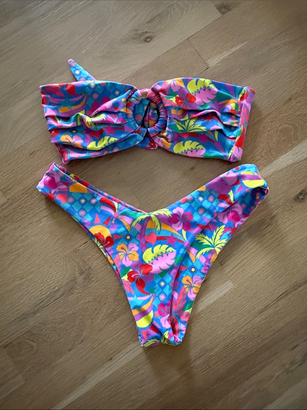 Kulani Kinis Tropical Floral Bandeau Bikini - Blue, Pink, Yellow, Green